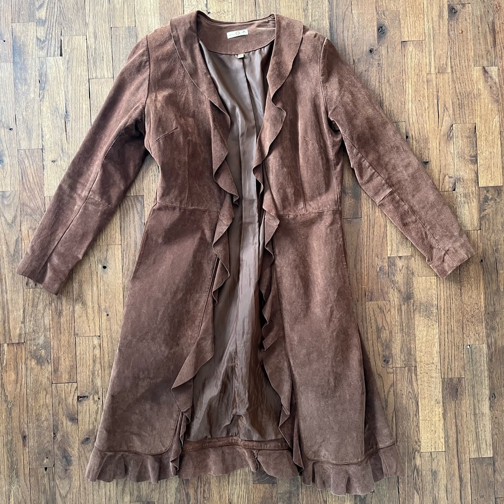 Wilsons Leather Women's Ruffle Suede Lined Long Jacket Duster Sz large
